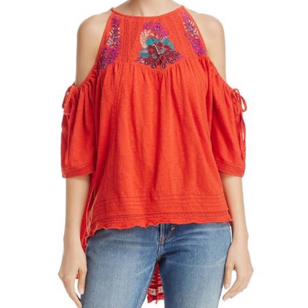 Free People Cold Shoulder Embroidered Top Size XS
